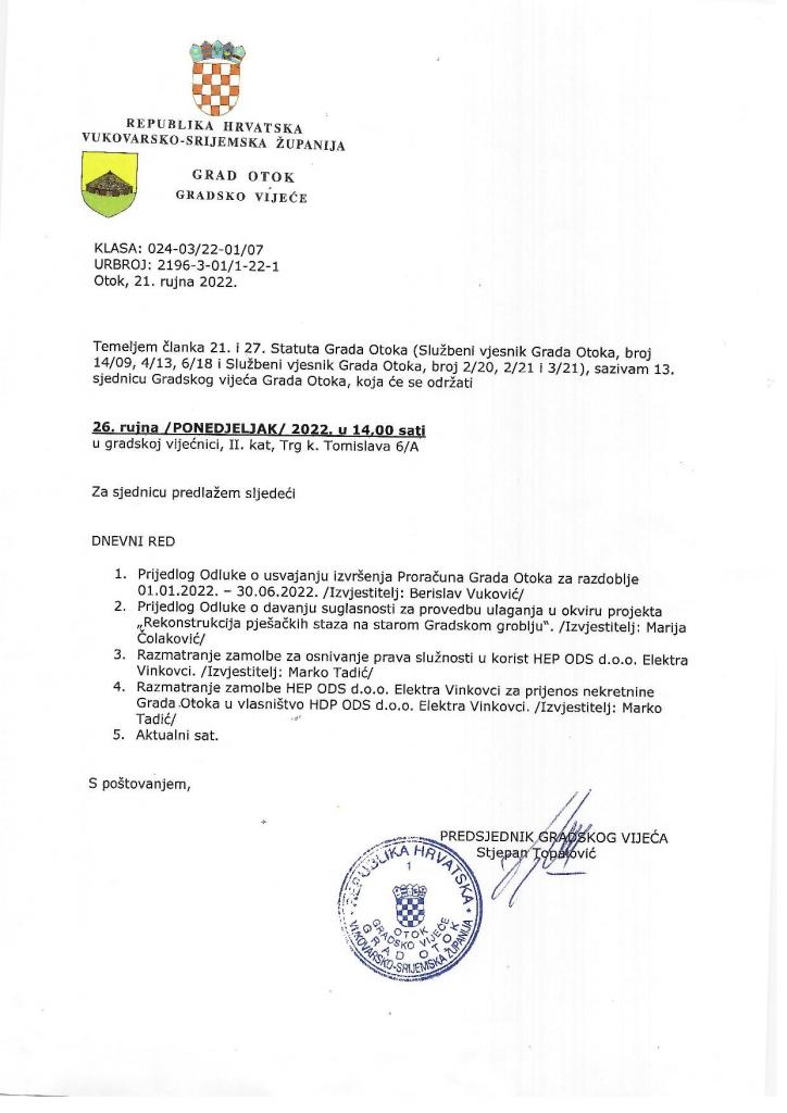 Dnevni red 13. sjednice Gradskog vijeća Grada Otoka